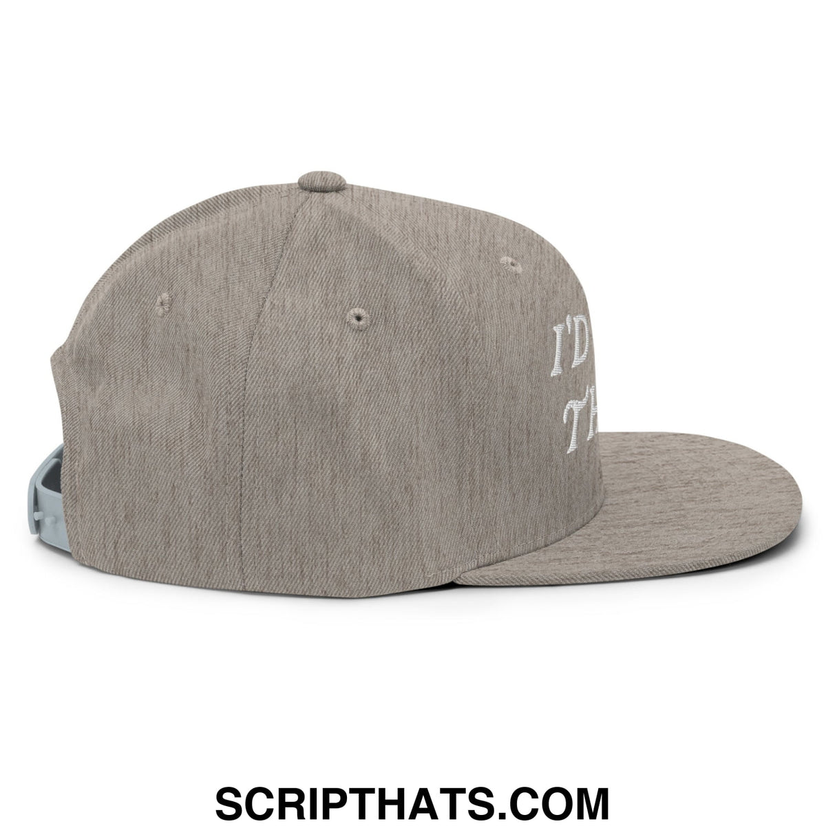 Gray heathered snapback hat with white embroidered id tap that text on the side and flat bill brim