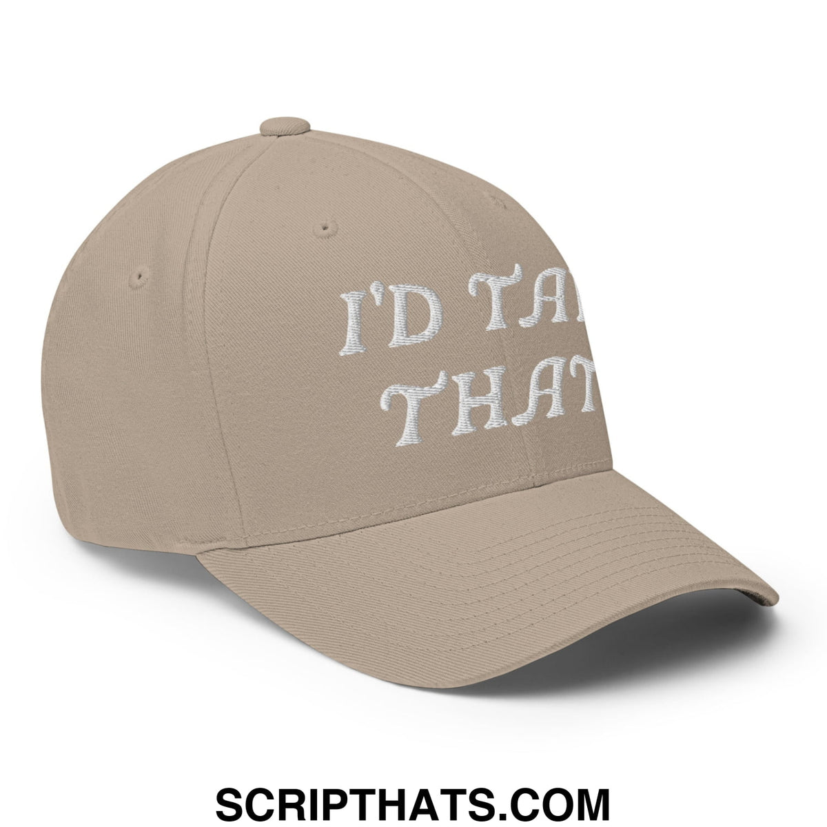 Beige stretch fit golf hat with white embroidered text id take that and comfortable flexible fit