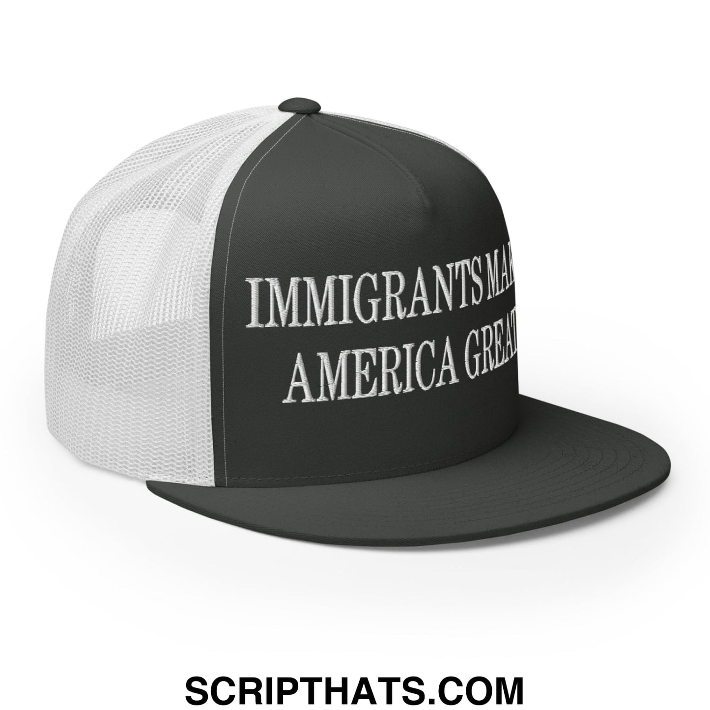 Immigrants Make America Great Embroidered Mesh Flat Bill Brim Trucker Hat Charcoal White