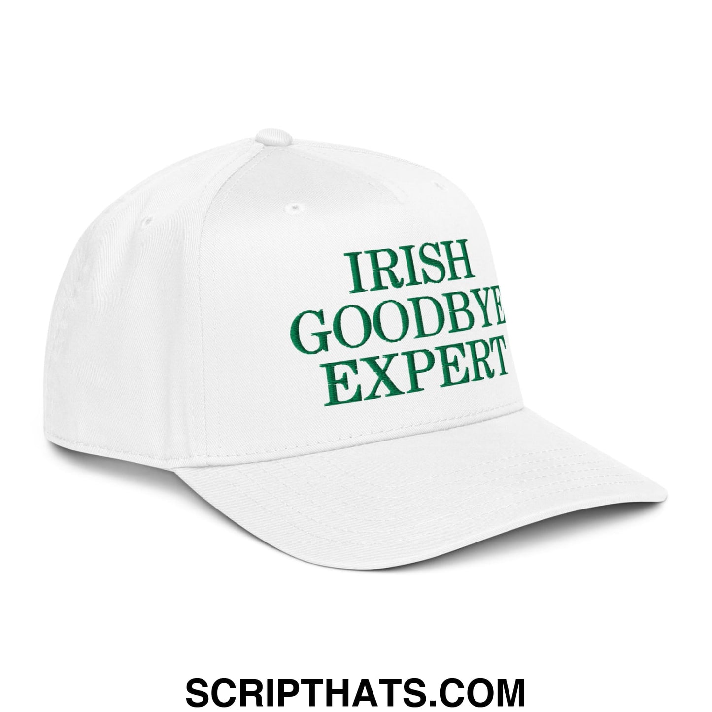 White baseball snapback hat with green embroidered irish goodbye expert text on front panel