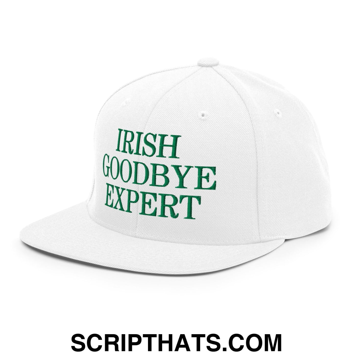Irish Goodbye Expert Embroidered Flat Bill Brim Snapback Hat White