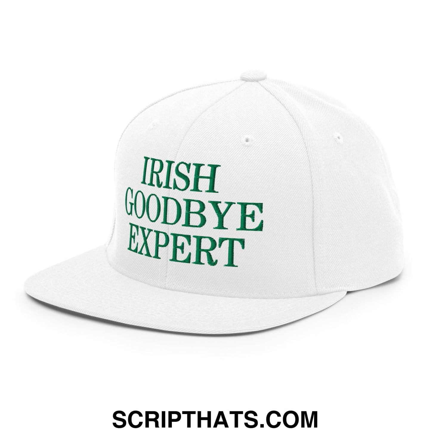 White snapback cap with green embroidered irish goodbye expert text and flat bill brim for casual wear