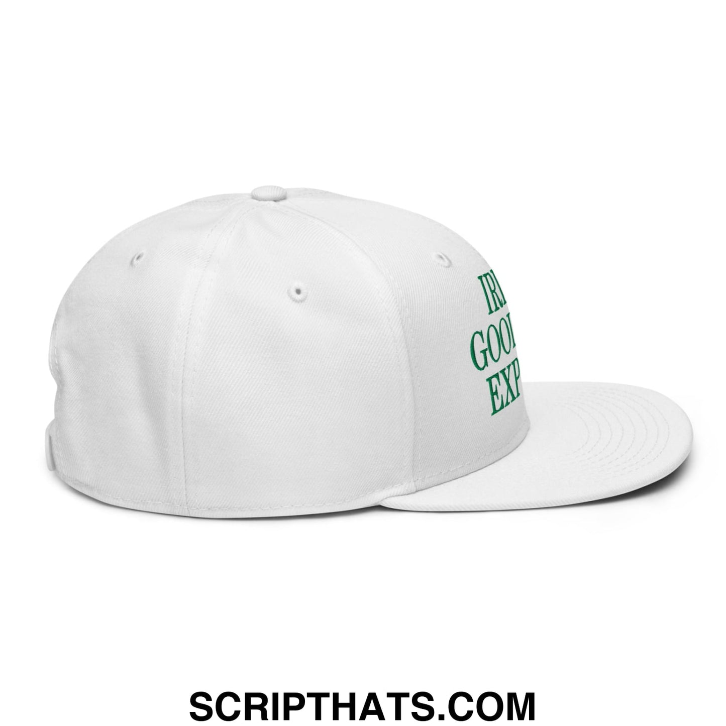 White snapback cap with green embroidered irish good experience text on the side for casual wear