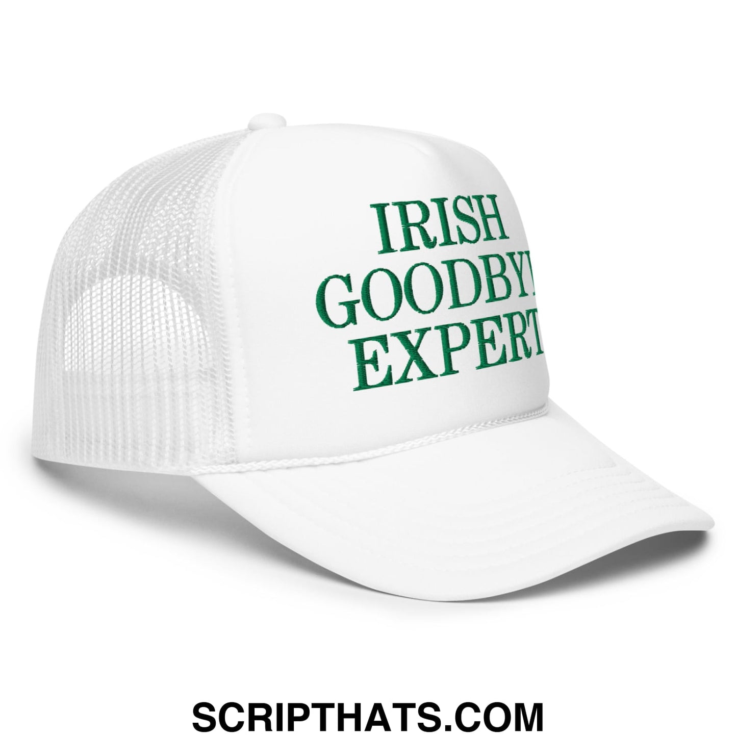 White foam mesh trucker hat with green embroidered irish goodbye expert text on the front panel