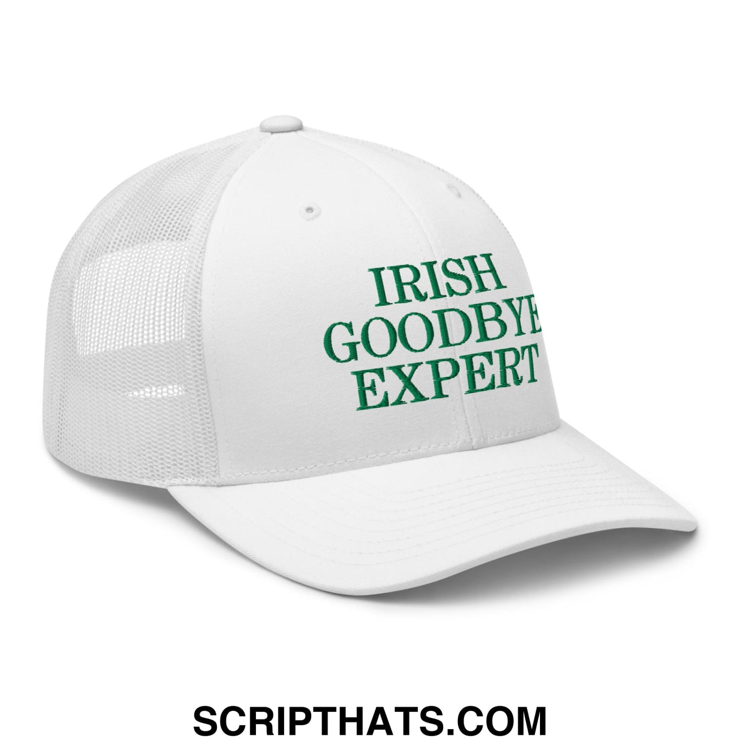 White mesh trucker hat with green embroidered irish goodbye expert text ideal for casual wear