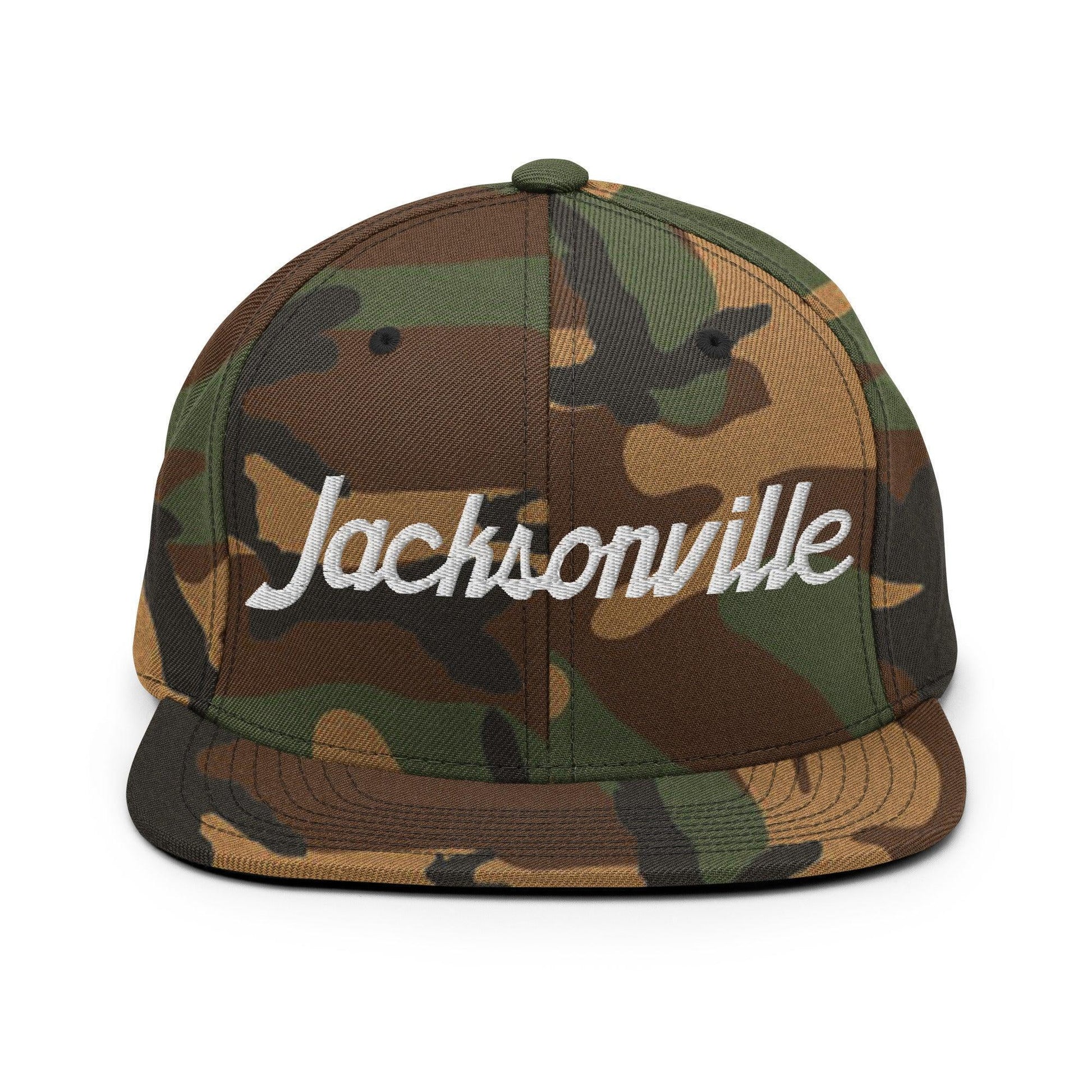 Jacksonville Script Snapback Hat Green Camo