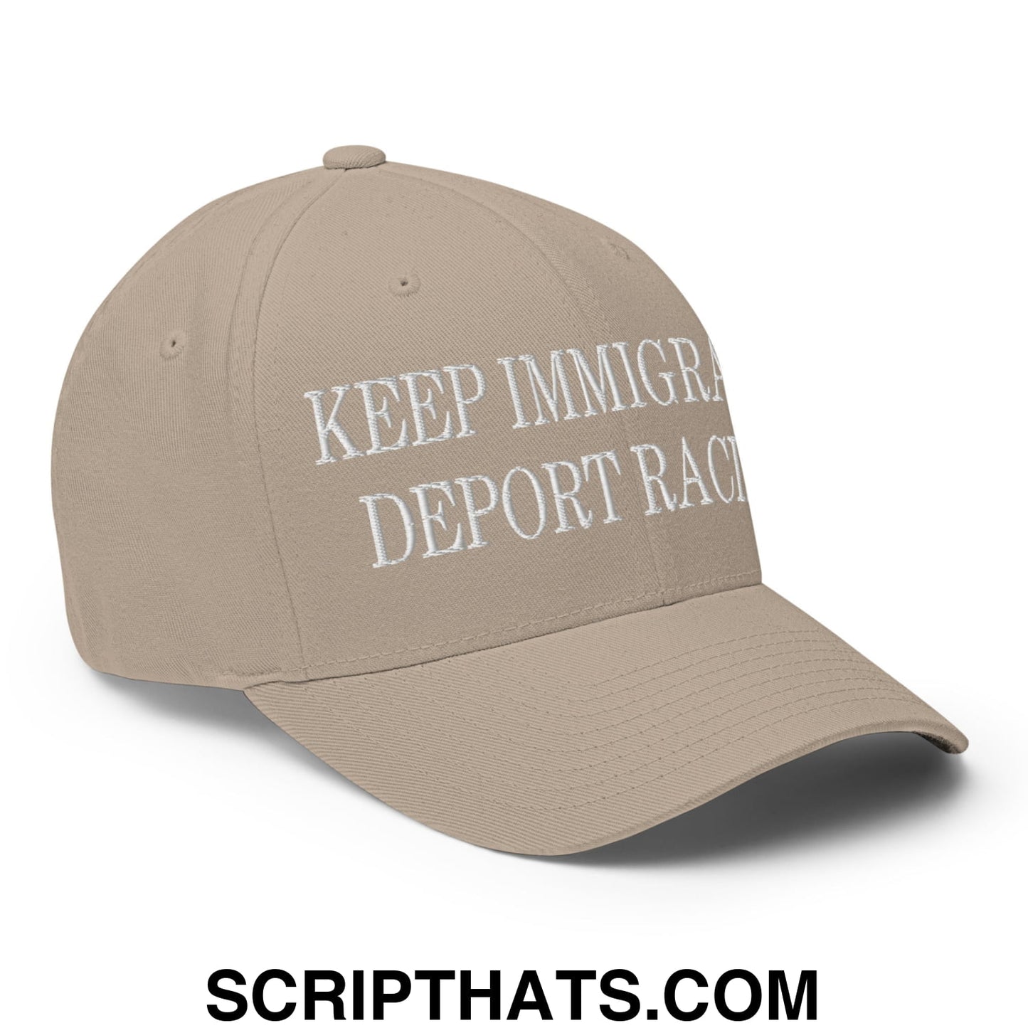 Beige stretch fit baseball cap with white embroidered text keep immigrant deport racism for casual wear