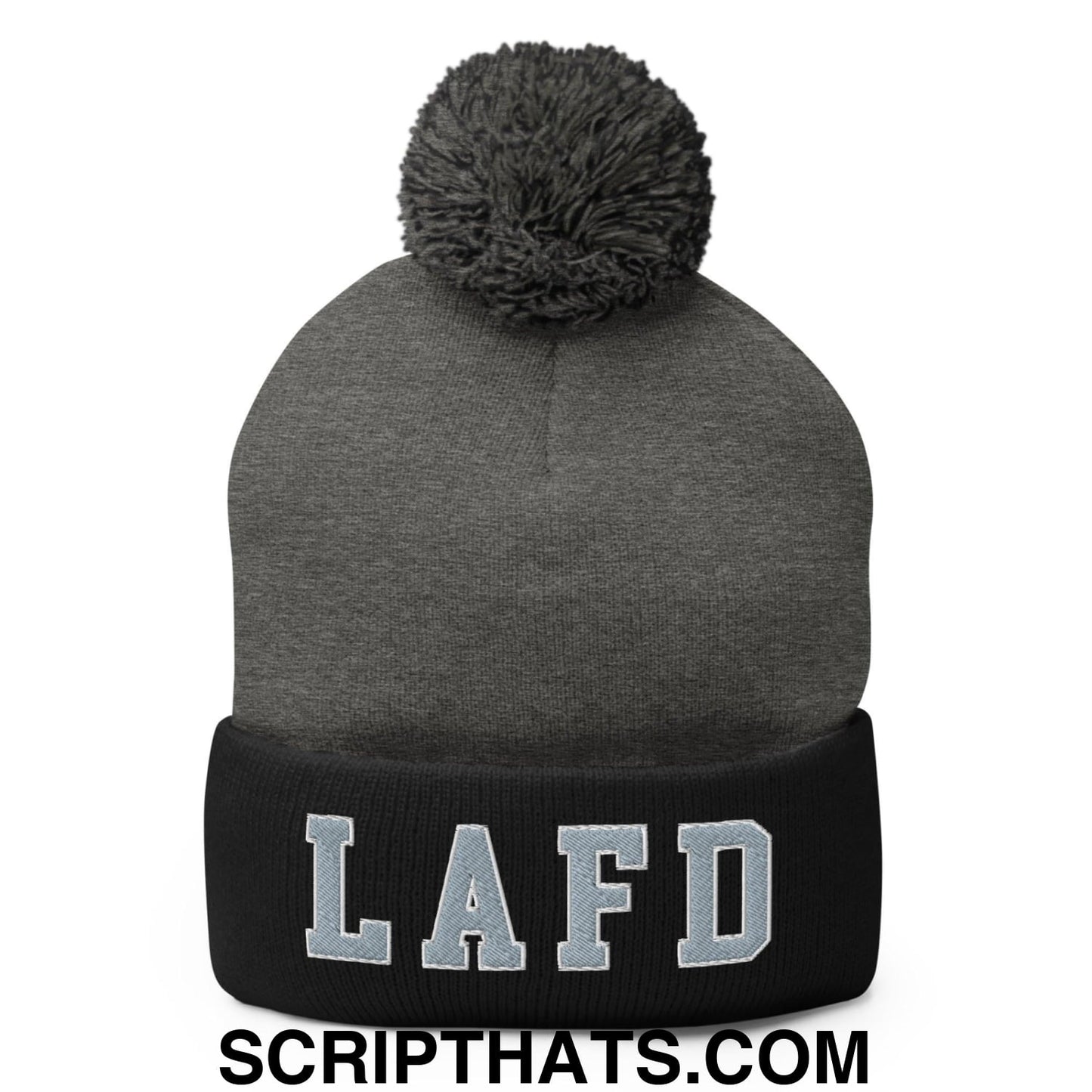 LAFD Los Angeles Fire Department Embroidered Knit Pom Pom Beanie Dark Heather Grey Black