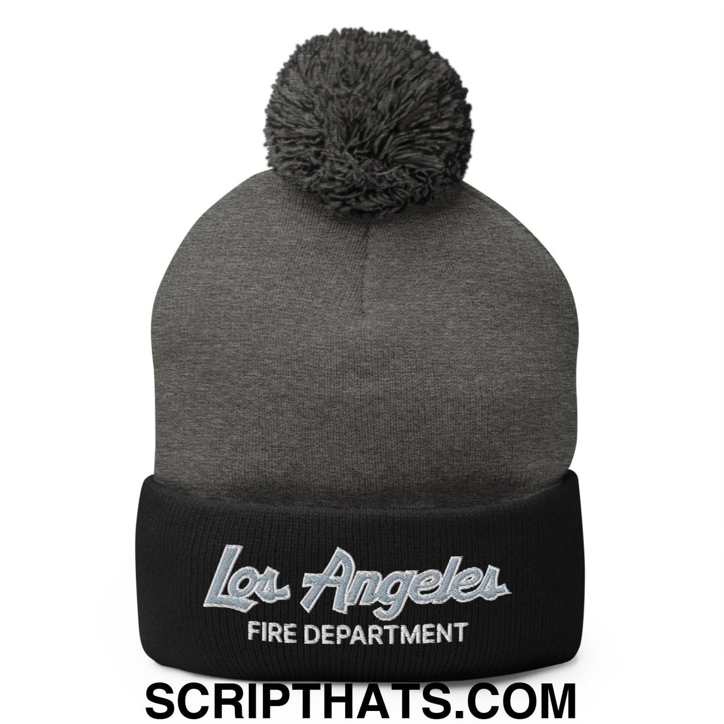 LAFD Los Angeles Fire Department Vintage Sports Script Embroidered Knit Pom Pom Beanie Dark Heather Grey Black