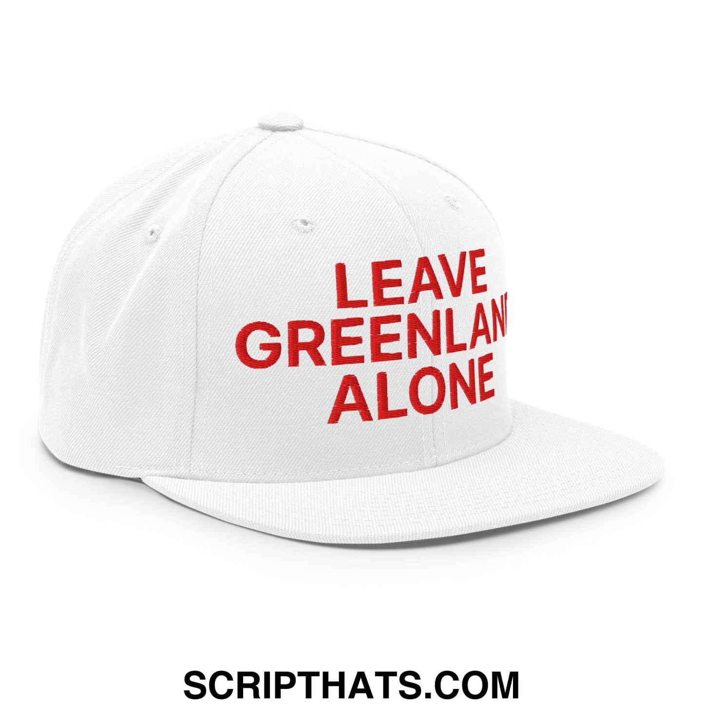 White snapback cap with bold red embroidered text leave greenland alone and a flat bill brim