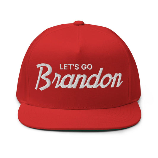 Let's Go Brandon Script 5 Panel Flat Bill Brim Snapback Hat Red