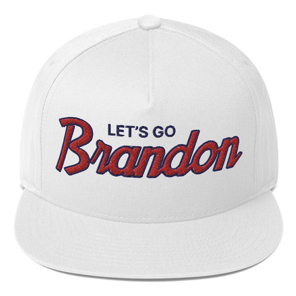 Let's Go Brandon Script 5 Panel Flat Bill Brim Snapback Hat White