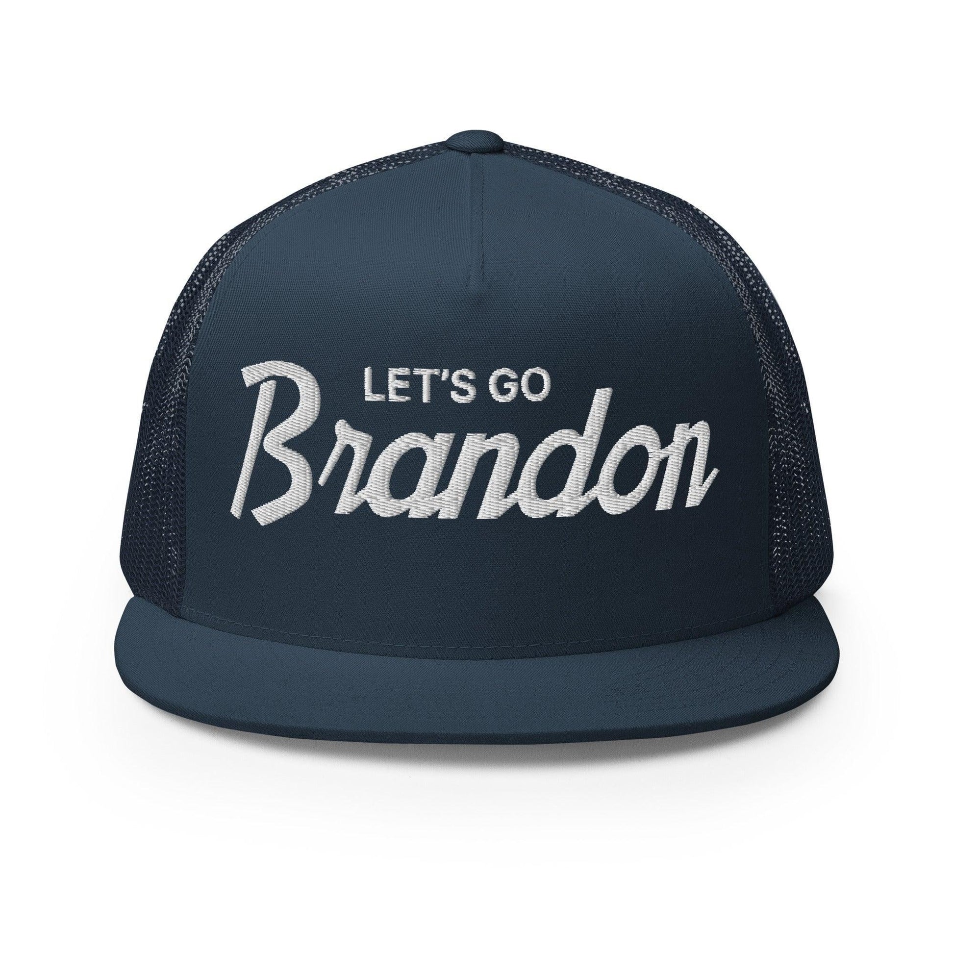 Let's Go Brandon Script Flat Bill Brim Snapback Trucker Hat Navy