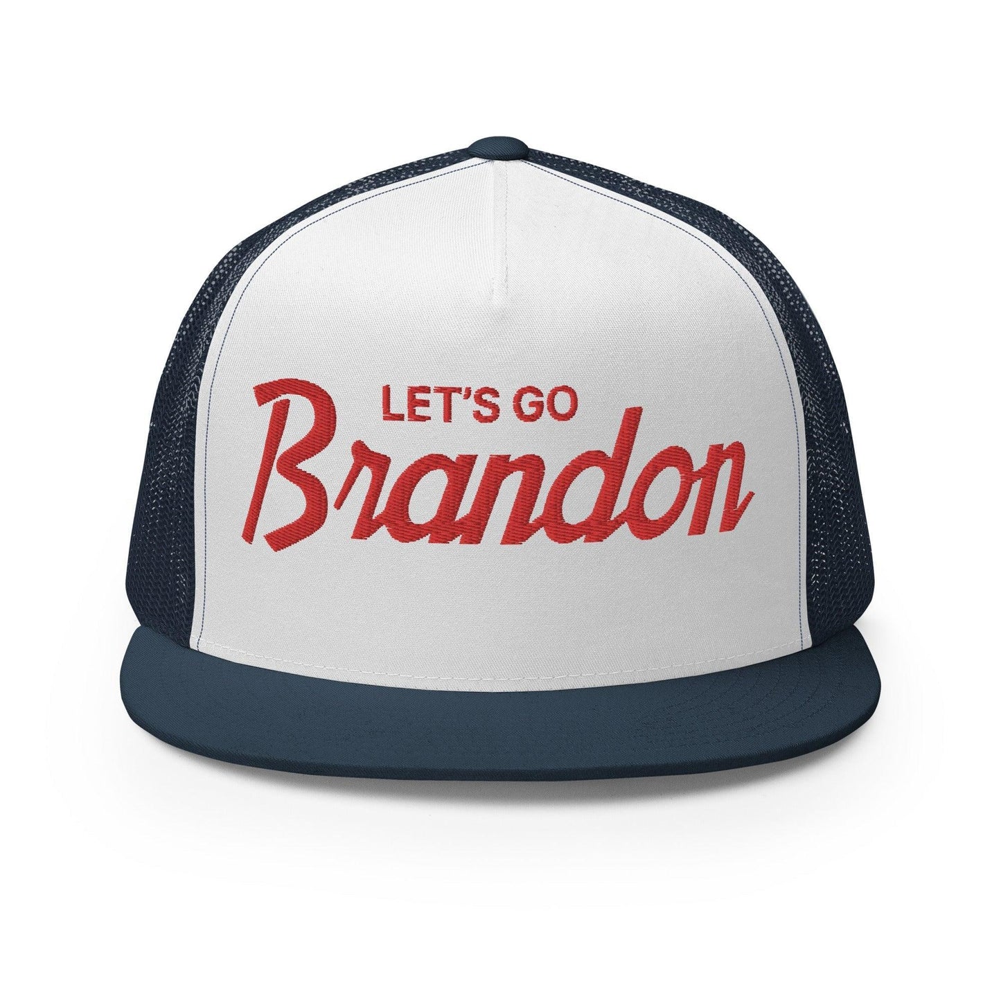 Let's Go Brandon Script Flat Bill Brim Snapback Trucker Hat Navy/ White/ Navy
