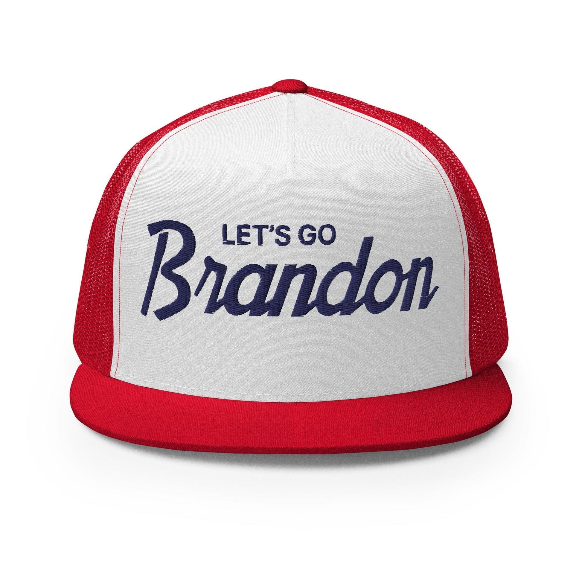 Let's Go Brandon Script Flat Bill Brim Snapback Trucker Hat Red/ White/ Red