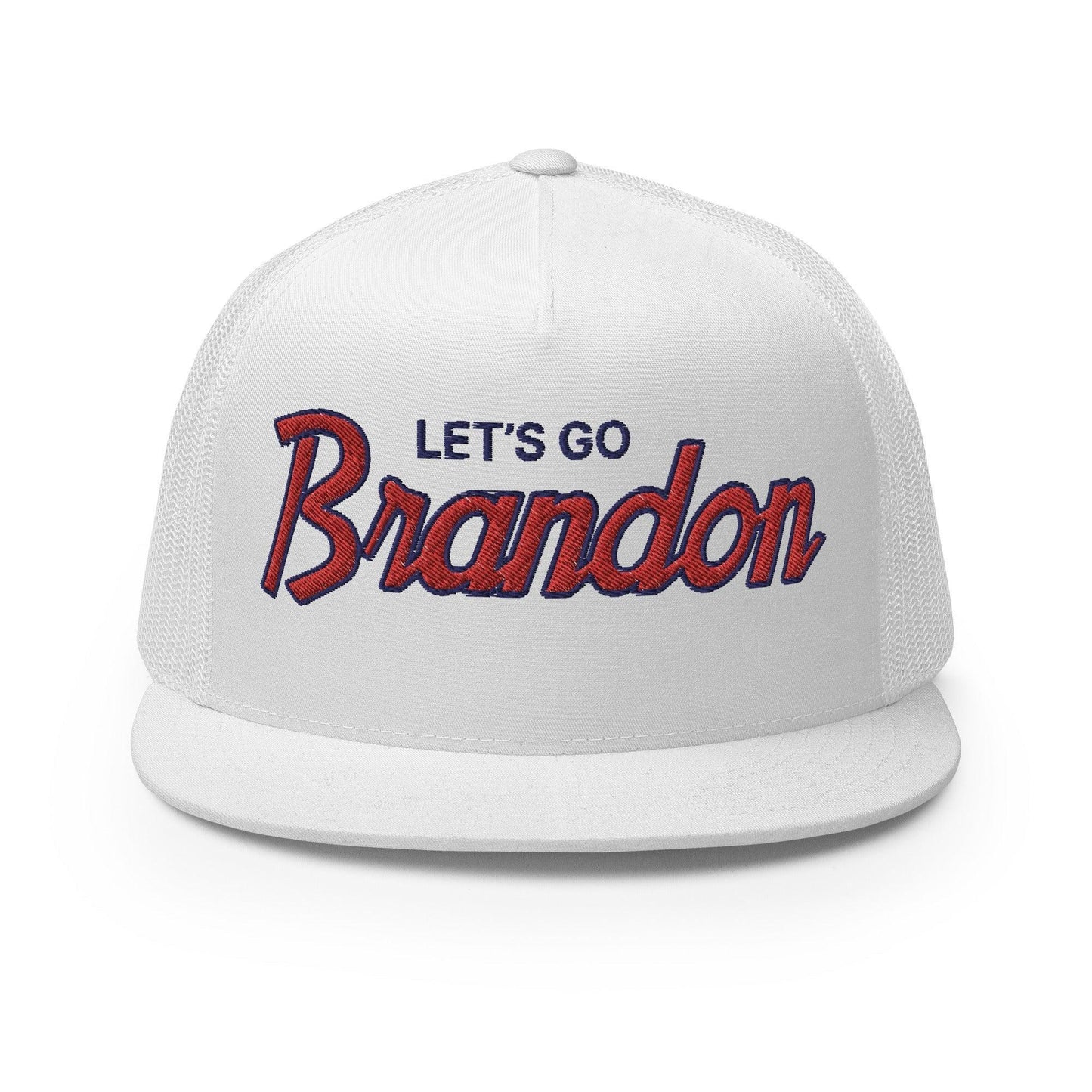 Let's Go Brandon Script Flat Bill Brim Snapback Trucker Hat White