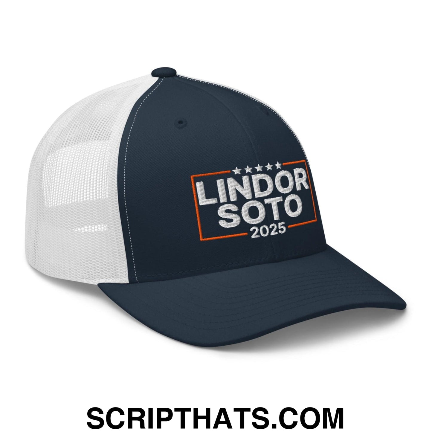 Lindor Soto 2025 Embroidered Mesh Trucker Hat Navy White
