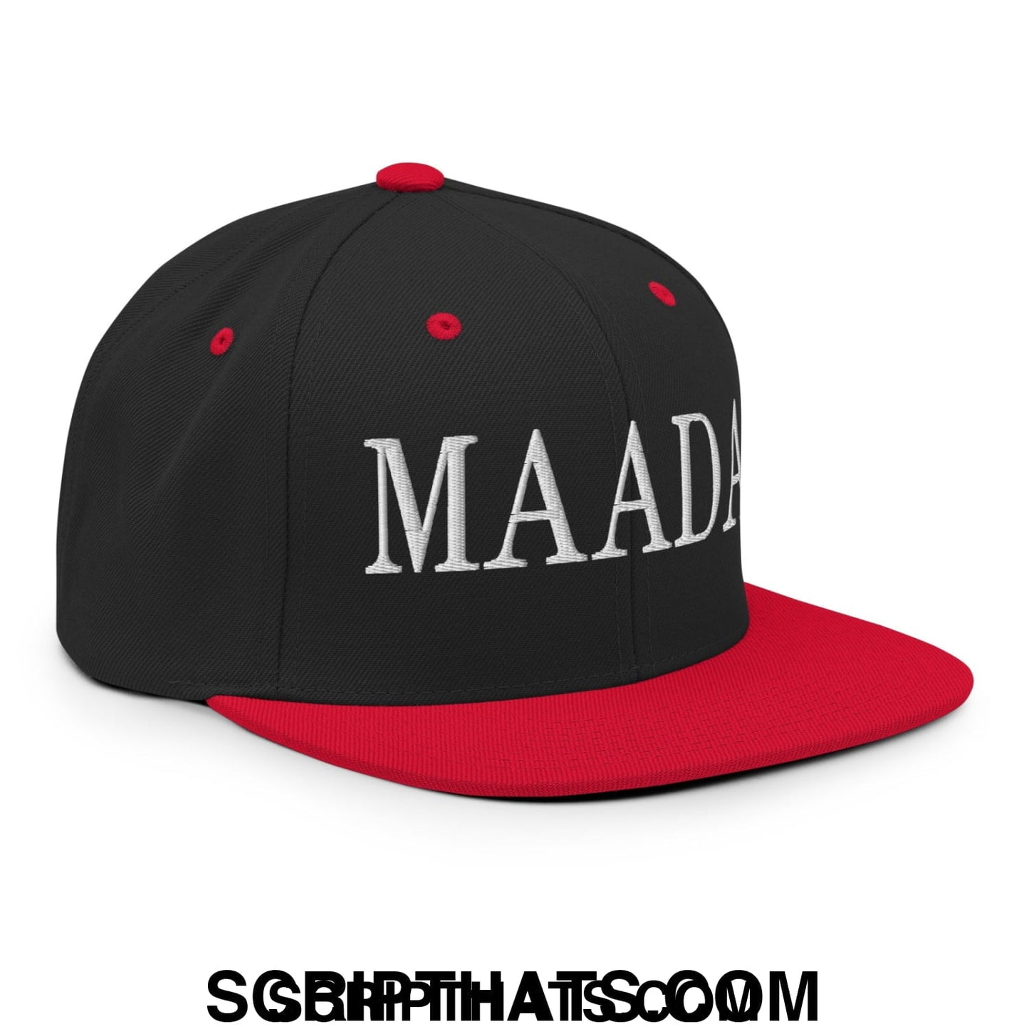 Black and red snapback cap with white embroidered maada lettering flat bill brim for Make America A Democracy Again campaign