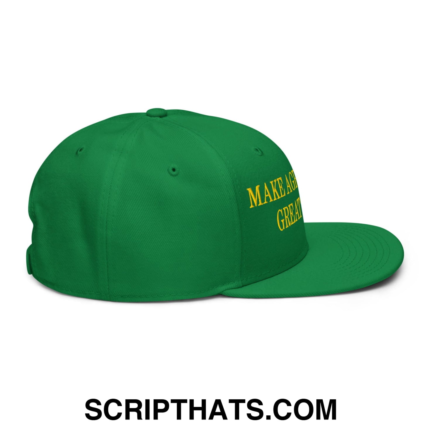 Green snapback hat with yellow embroidered make america great again text on the side for agriculture fans