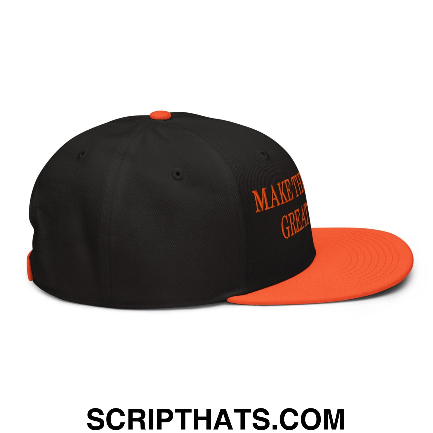 Black and orange snapback cap with embroidered make the great text on the side from make the browns great again collection