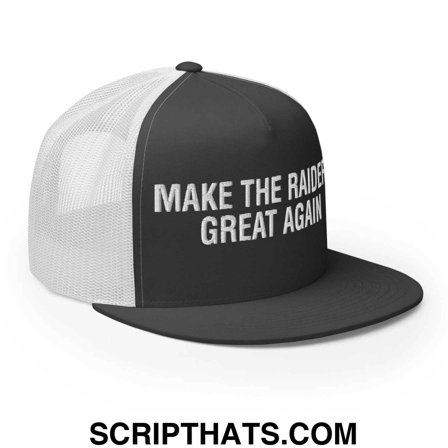 Make The Raiders Great Again 2026 Draft Day Embroidered Mesh Flat Bill Brim Trucker Hat Charcoal White