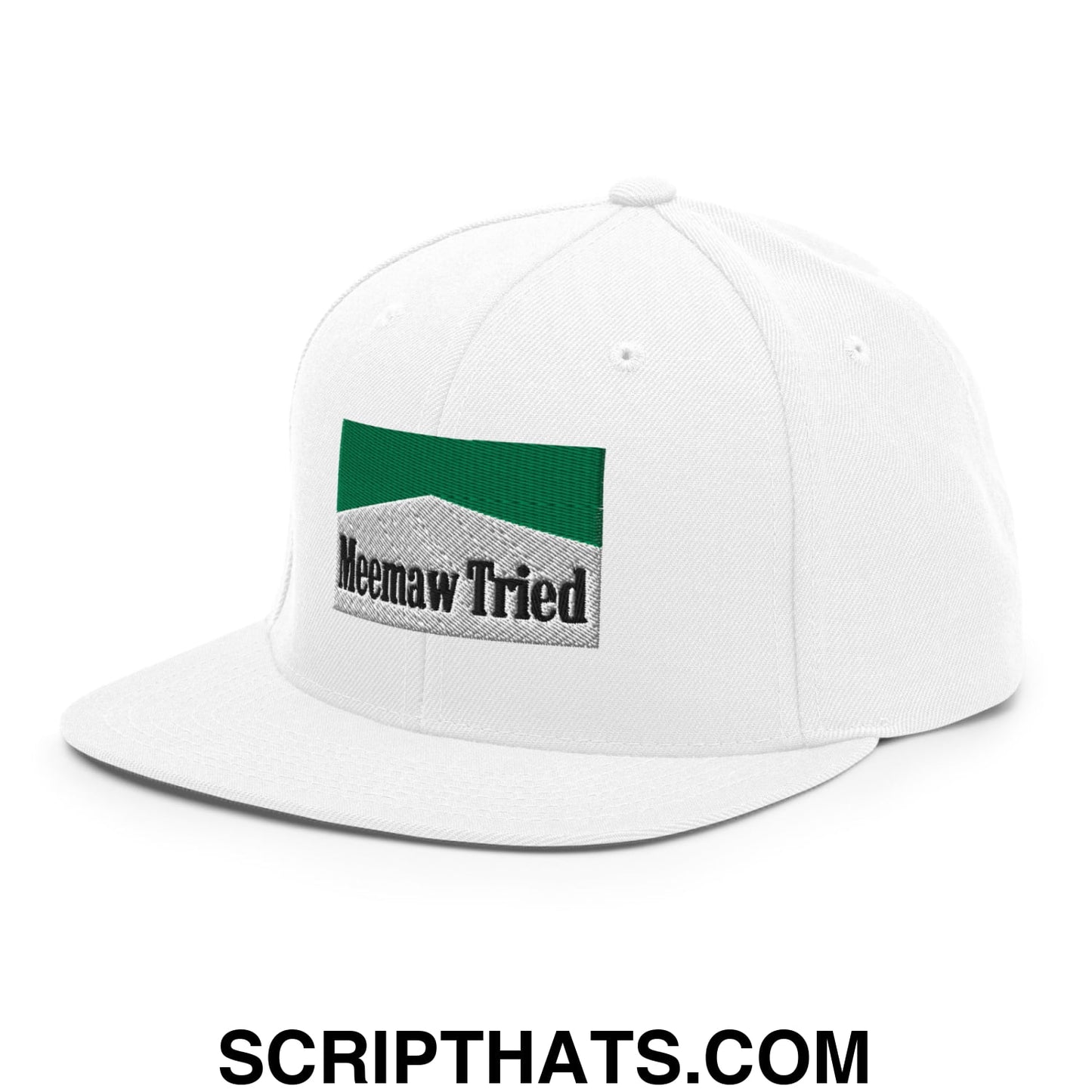 Meemaw Tried Cigarette Menthol Green Embroidered Flat Bill Brim Snapback Hat White