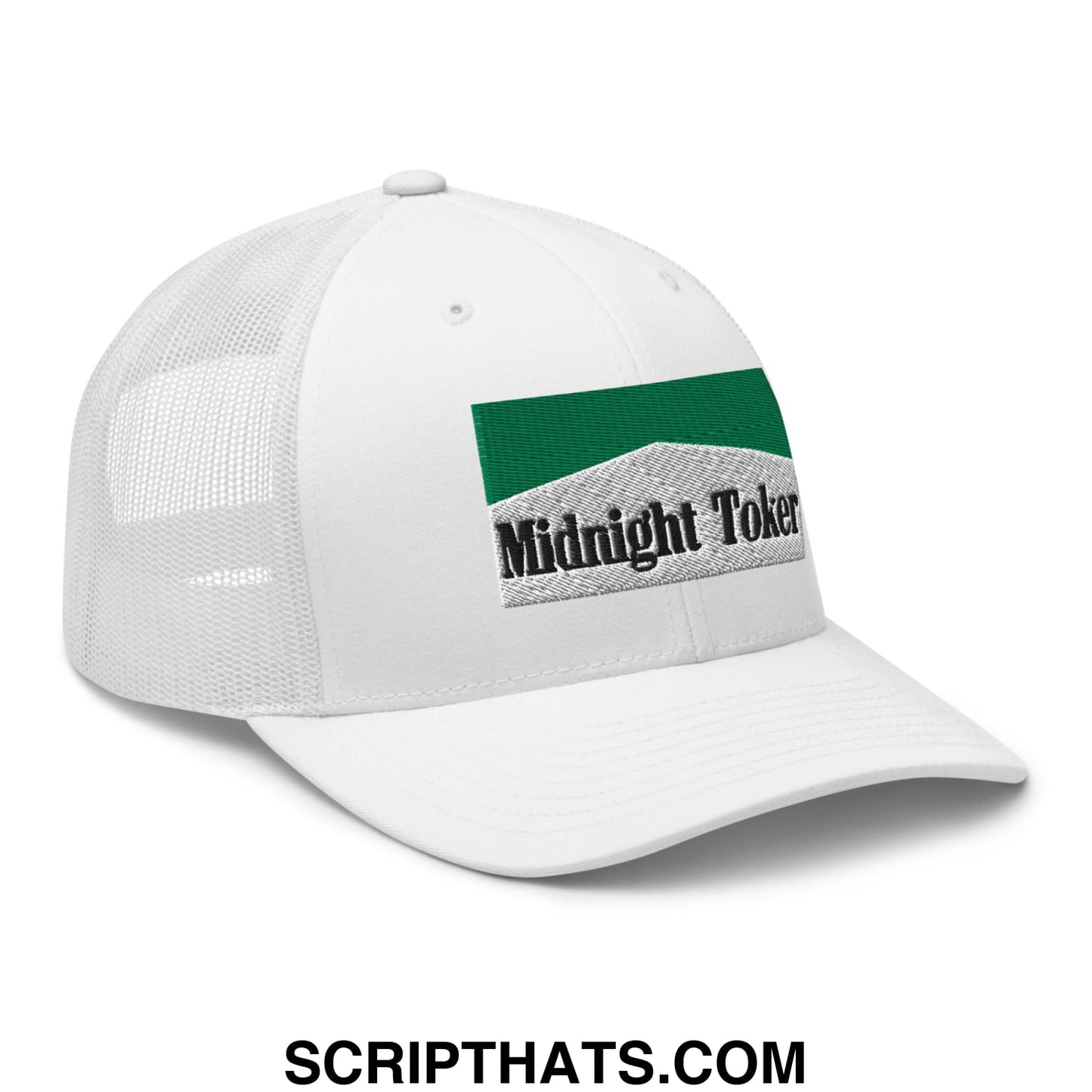 Midnight Toker Cigarette Menthol Green Embroidered Mesh Trucker Hat White