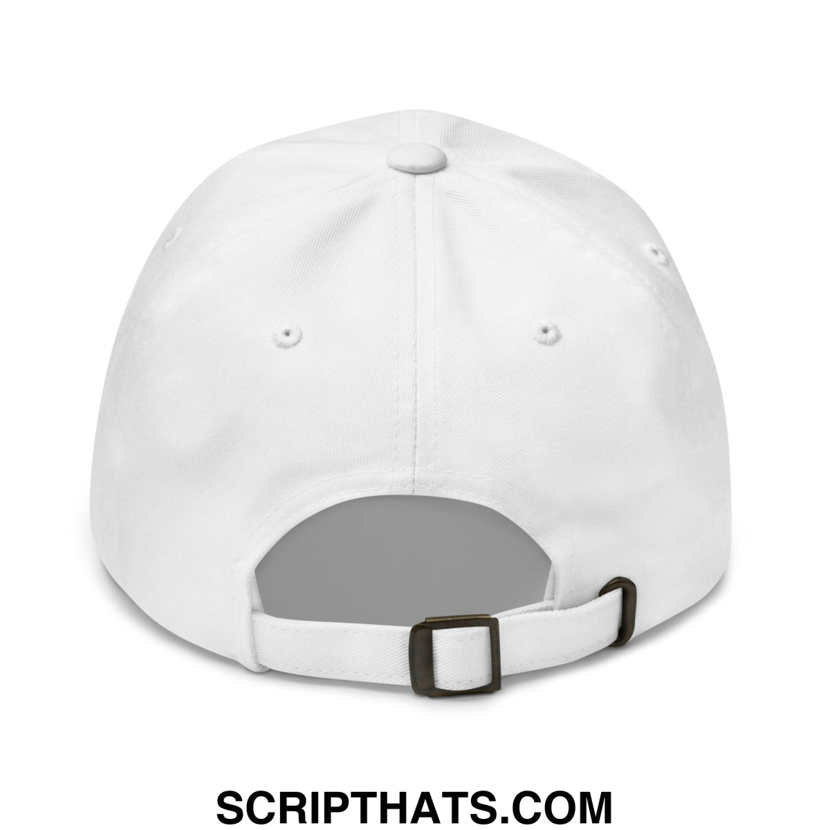 White unstructured dad hat with midnight toker cigarette menthol green embroidery and black plastic buckle back view