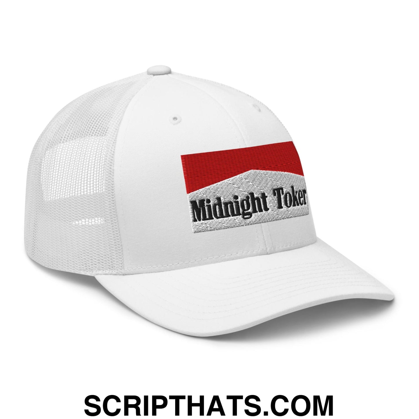 Midnight Toker Cigarette Red Embroidered Mesh Trucker Hat White