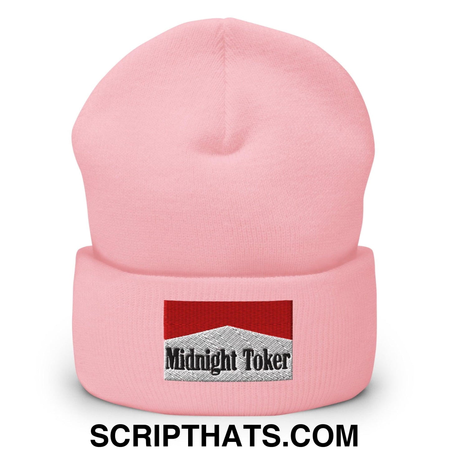Midnight Toker Embroidered Knit Cuffed Beanie Baby Pink