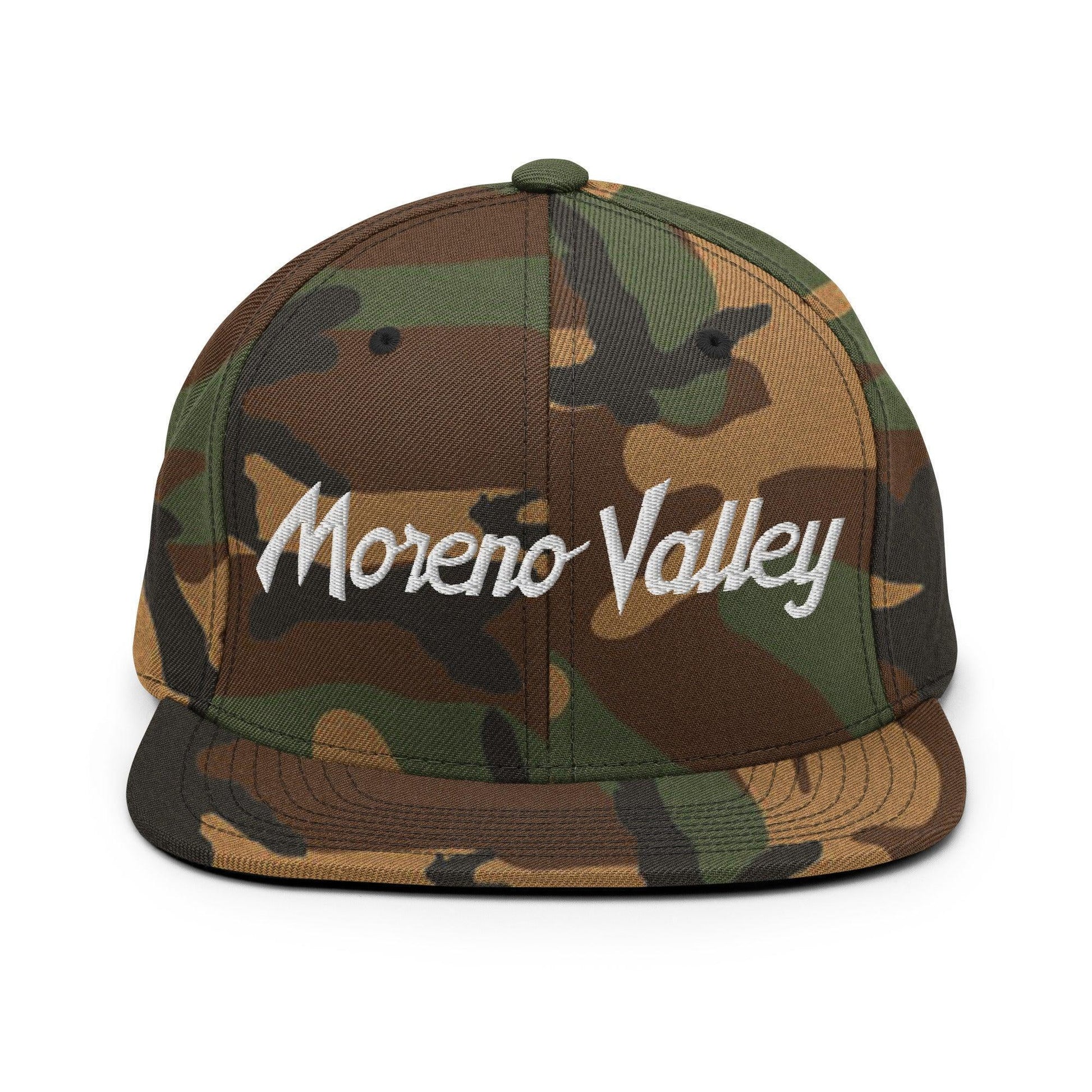 Moreno Valley Script Snapback Hat Green Camo