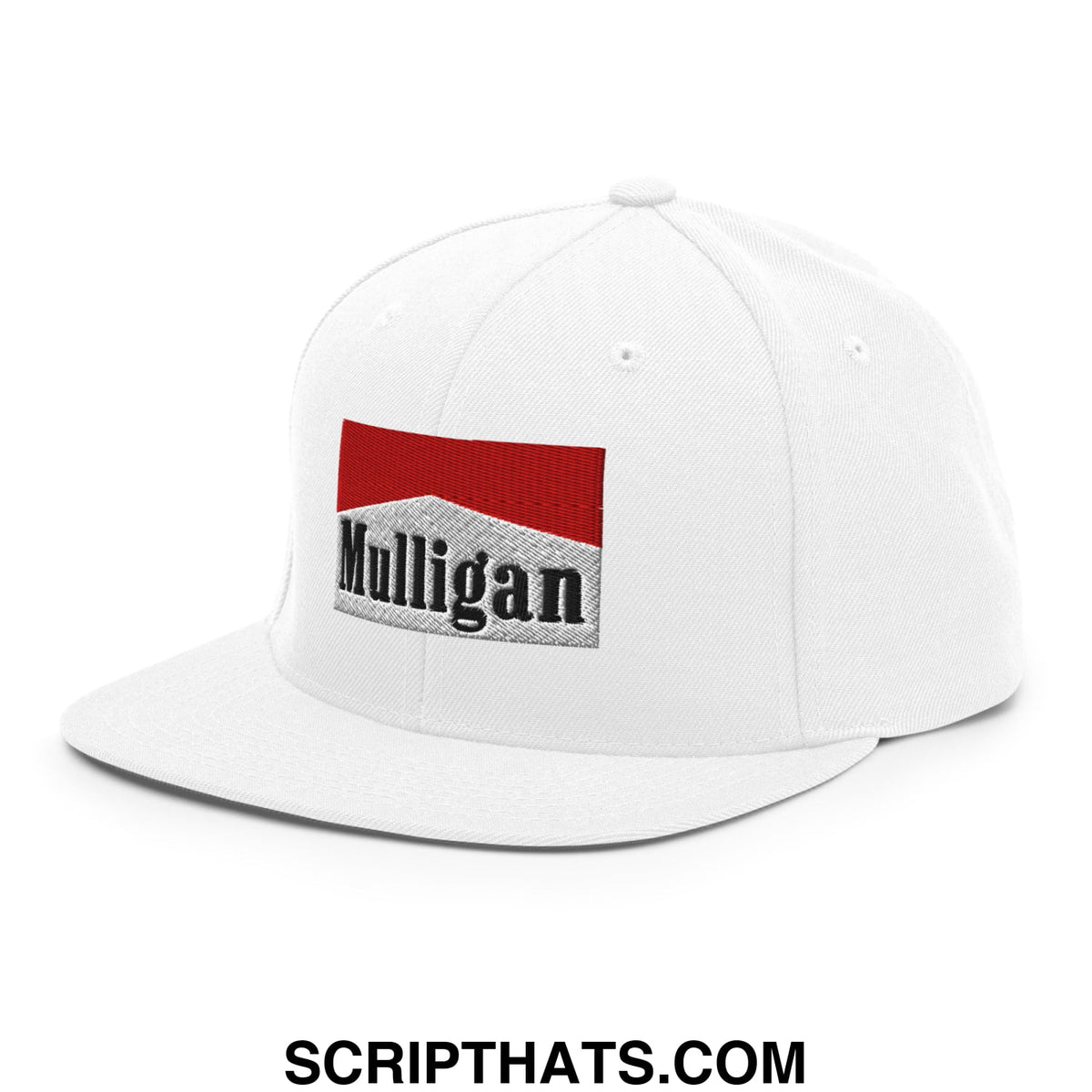 White snapback cap with a red and gray embroidered mulligan logo and black lettering featuring a flat bill brim