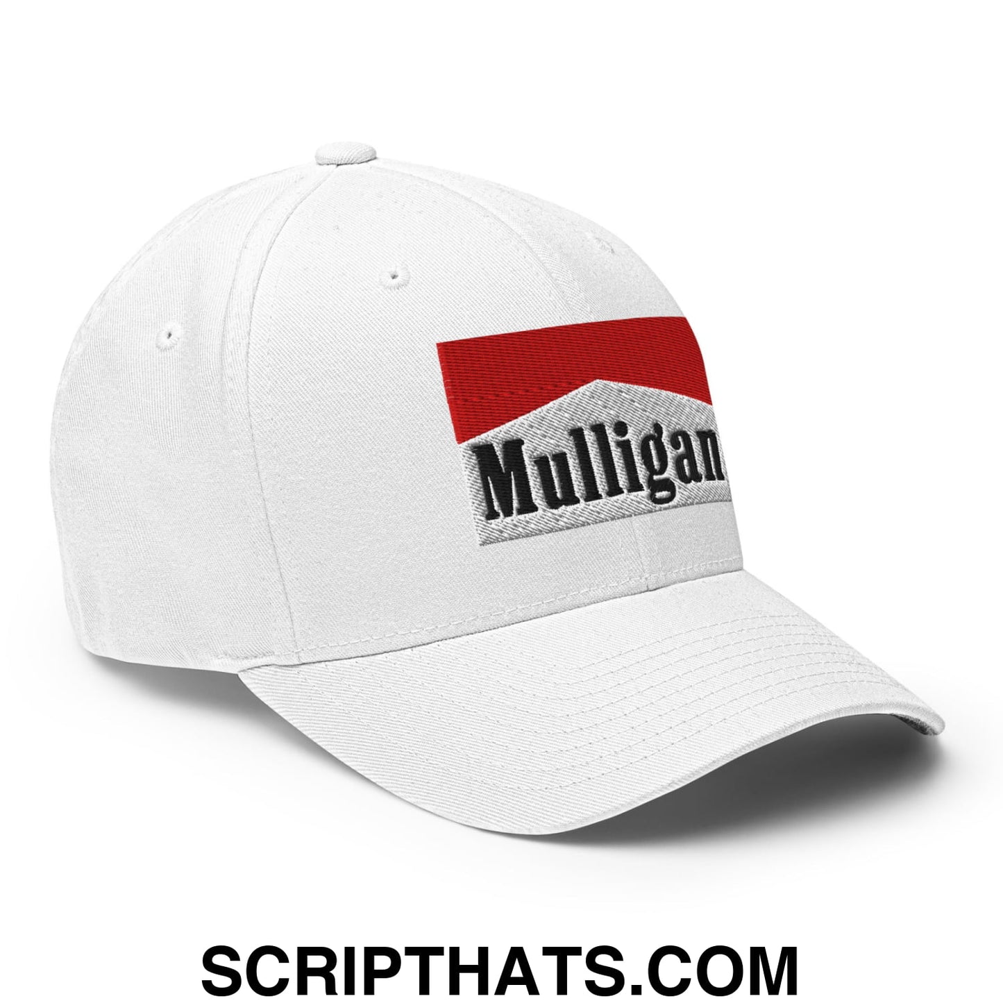 Mulligan Cigarette Red Embroidered Stretch Fit Golf Hat White
