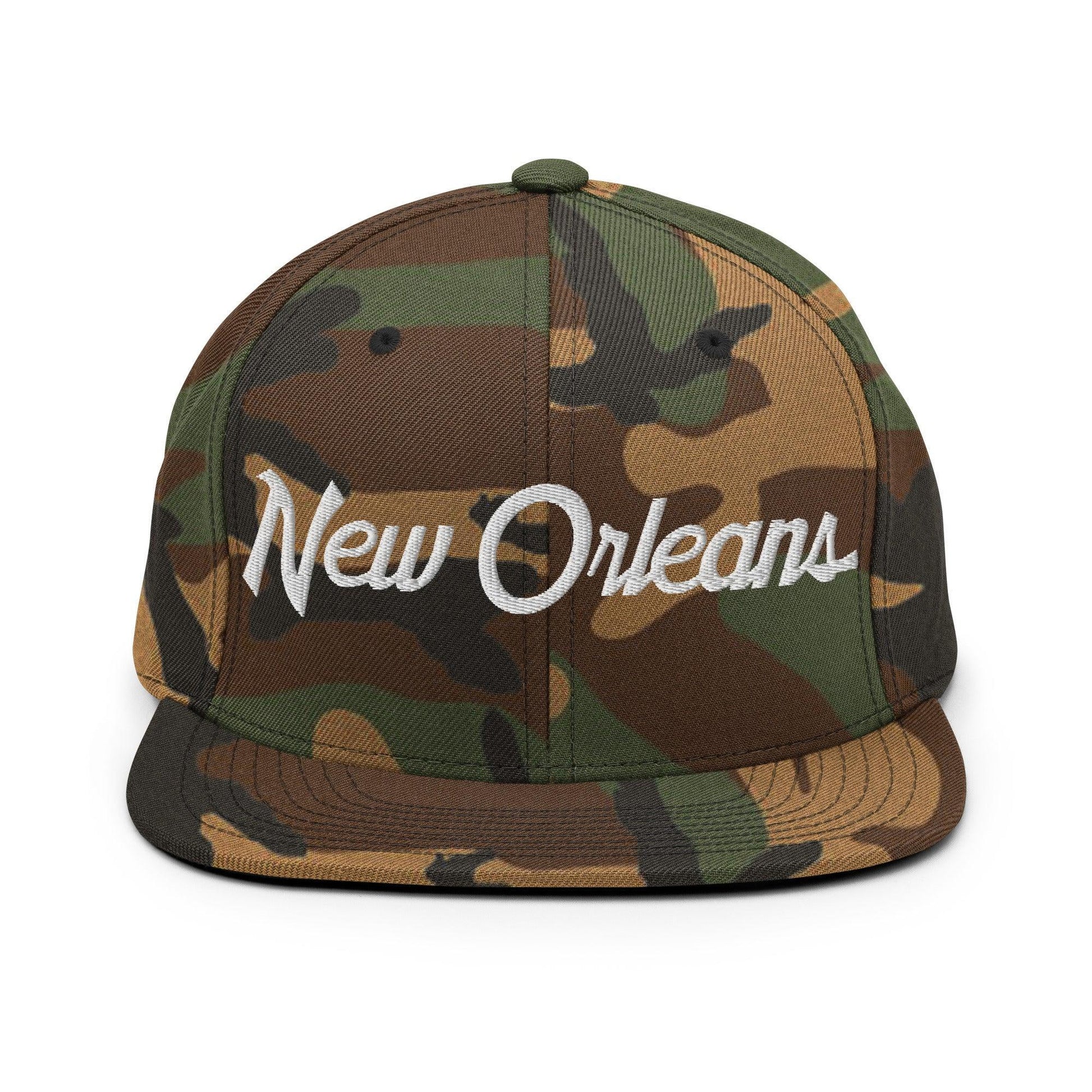 New Orleans Script Snapback Hat Green Camo
