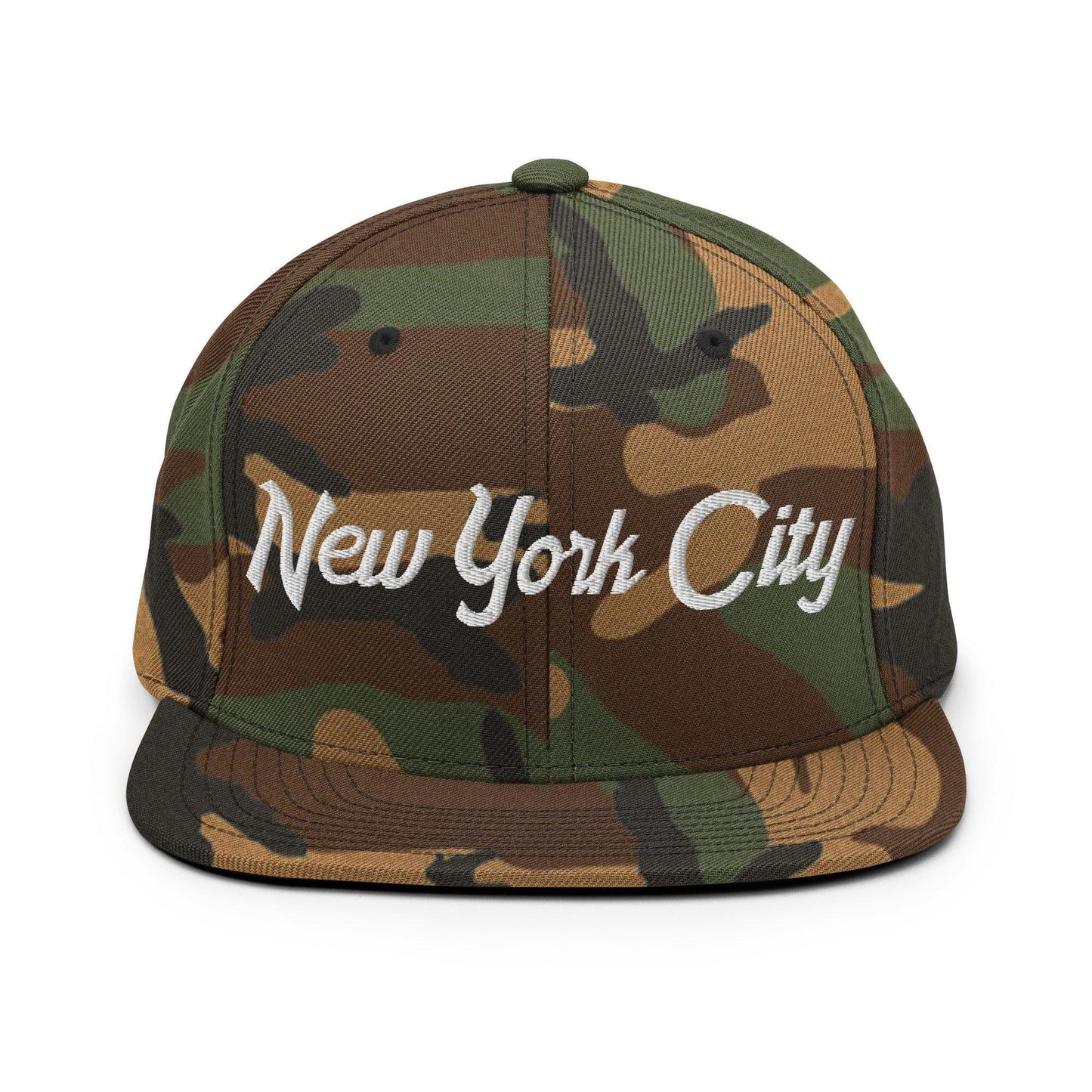 New York City Script Snapback Hat Green Camo