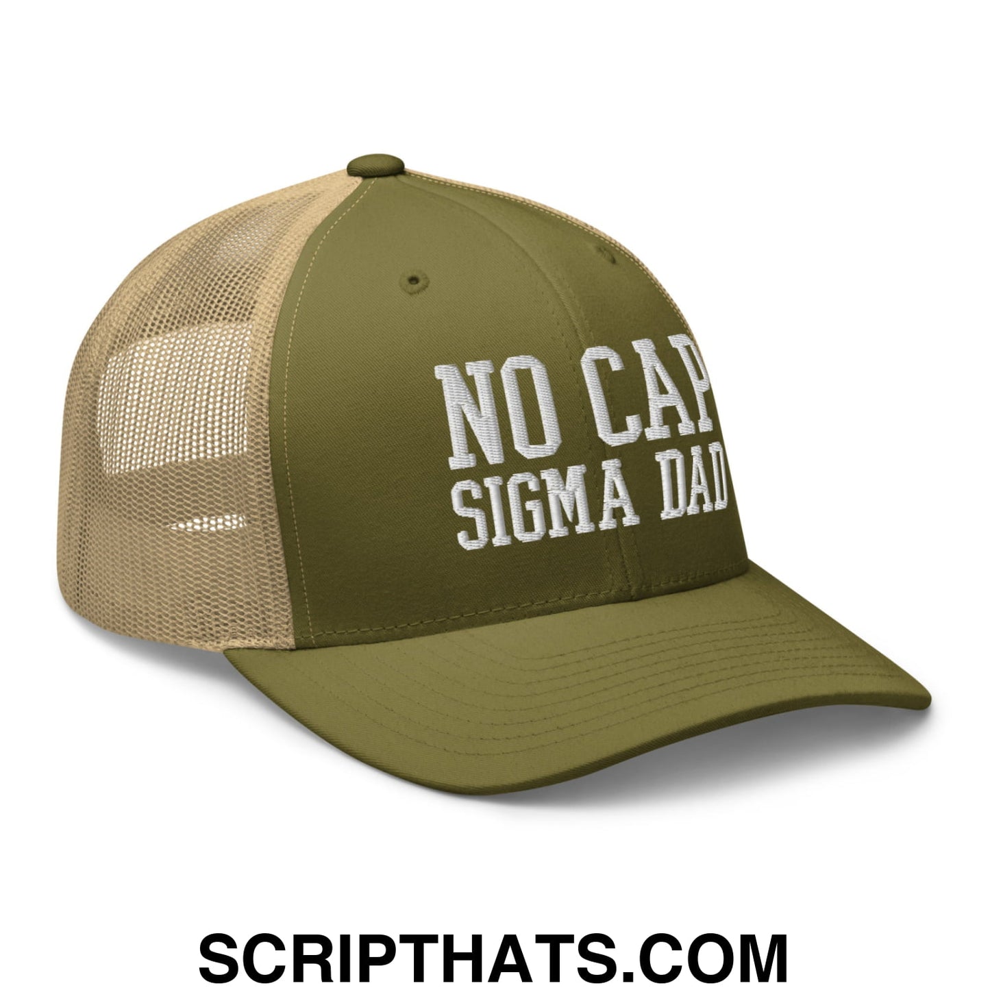 No Cap Sigma Dad Embroidered Mesh Trucker Hat Moss Khaki