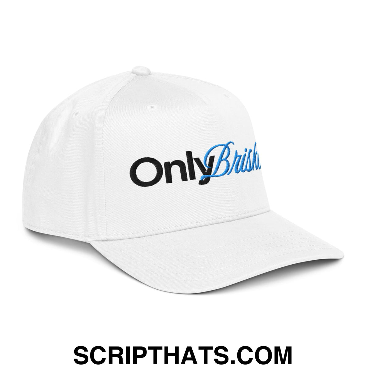 White baseball snapback hat with onlybrisk embroidered in black and blue script for casual outdoor wear