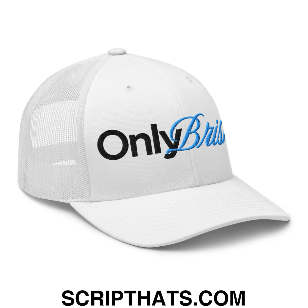 White mesh trucker hat with black and blue embroidered onlybrit logo from Only Brisket Embroidered collection