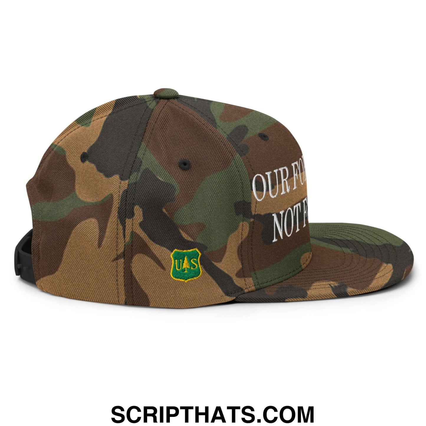 Our Forests Are Not For Sale USFS US Flag Embroidered Flat Brim Snapback Hat Green Camo