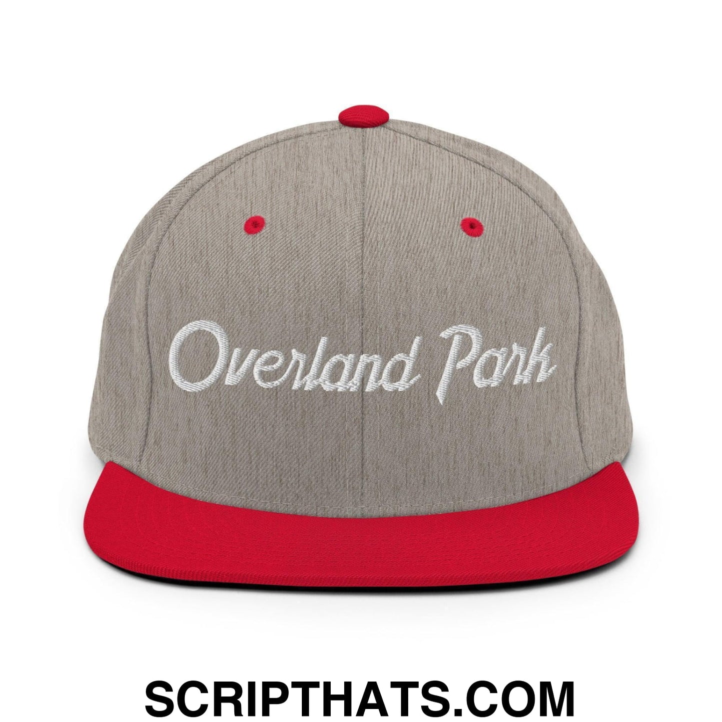 Gray and red snapback hat with white embroidered overland park script across the front in a casual style