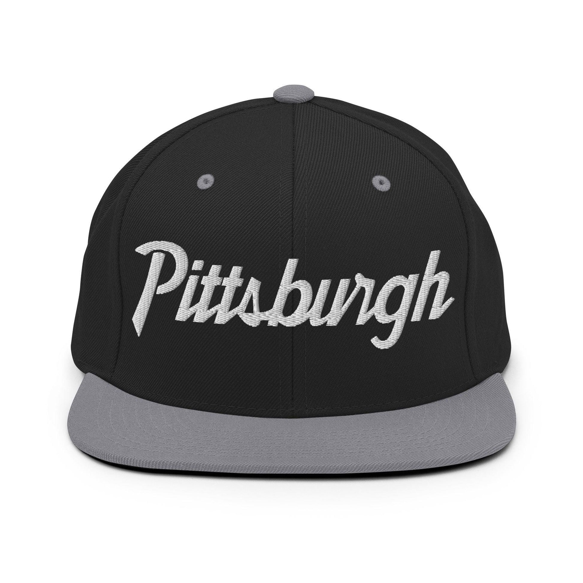 Pittsburgh Script Snapback Hat Black/ Silver