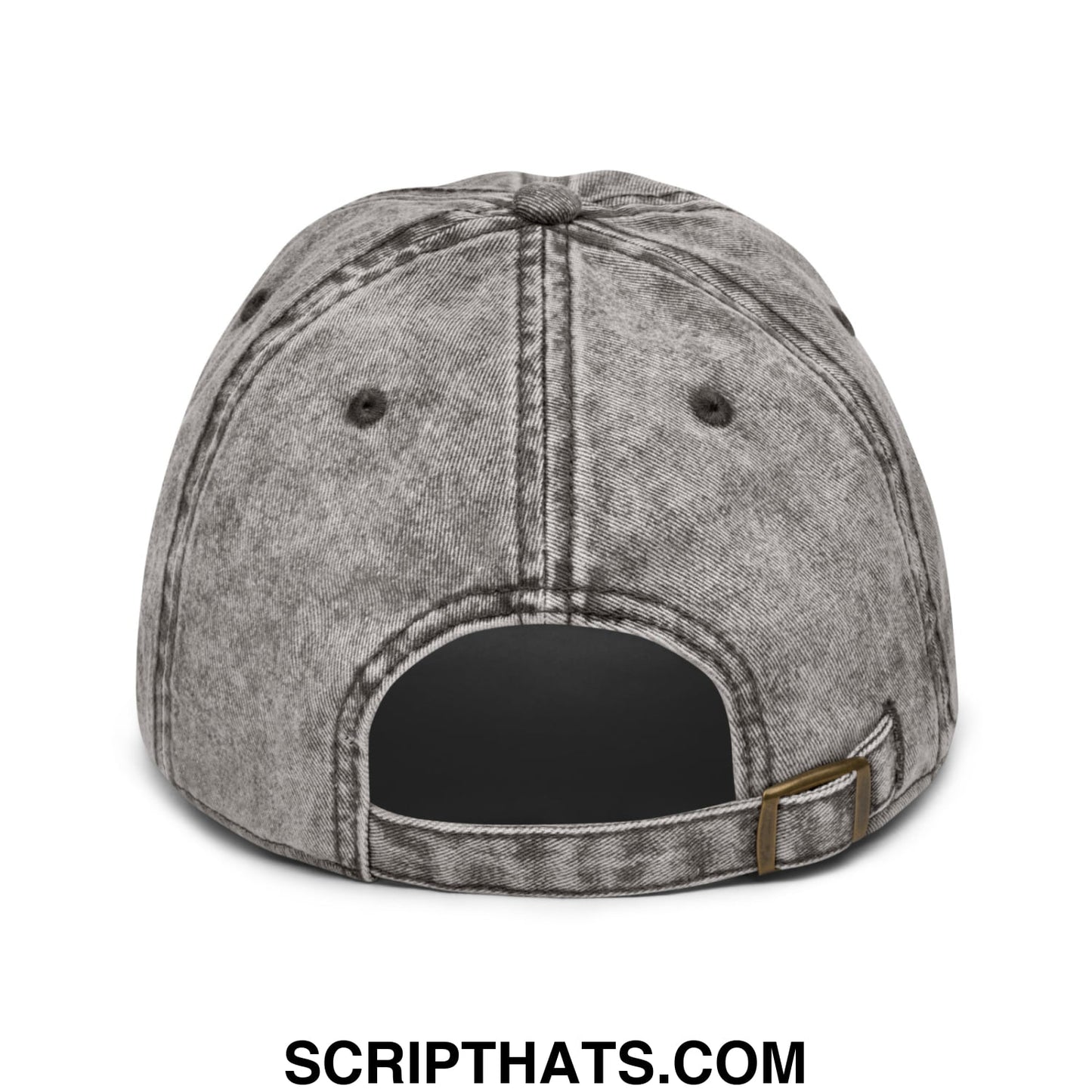 Plant daddy embroidered unstructured denim dad hat in faded gray showing stitched back panel with brass buckle
