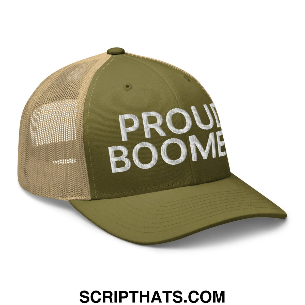 Olive green and tan mesh trucker hat with white embroidered proud boomer text featuring breathable design