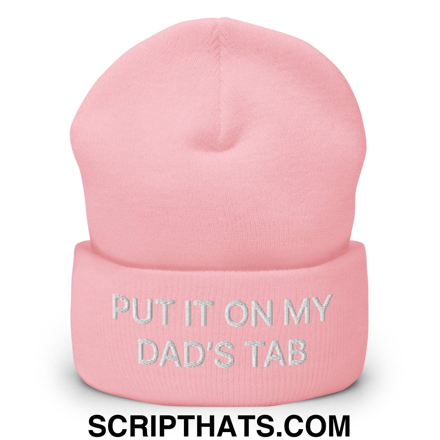 Put It on My Dad's Tab Embroidered Knit Cuffed Beanie Baby Pink