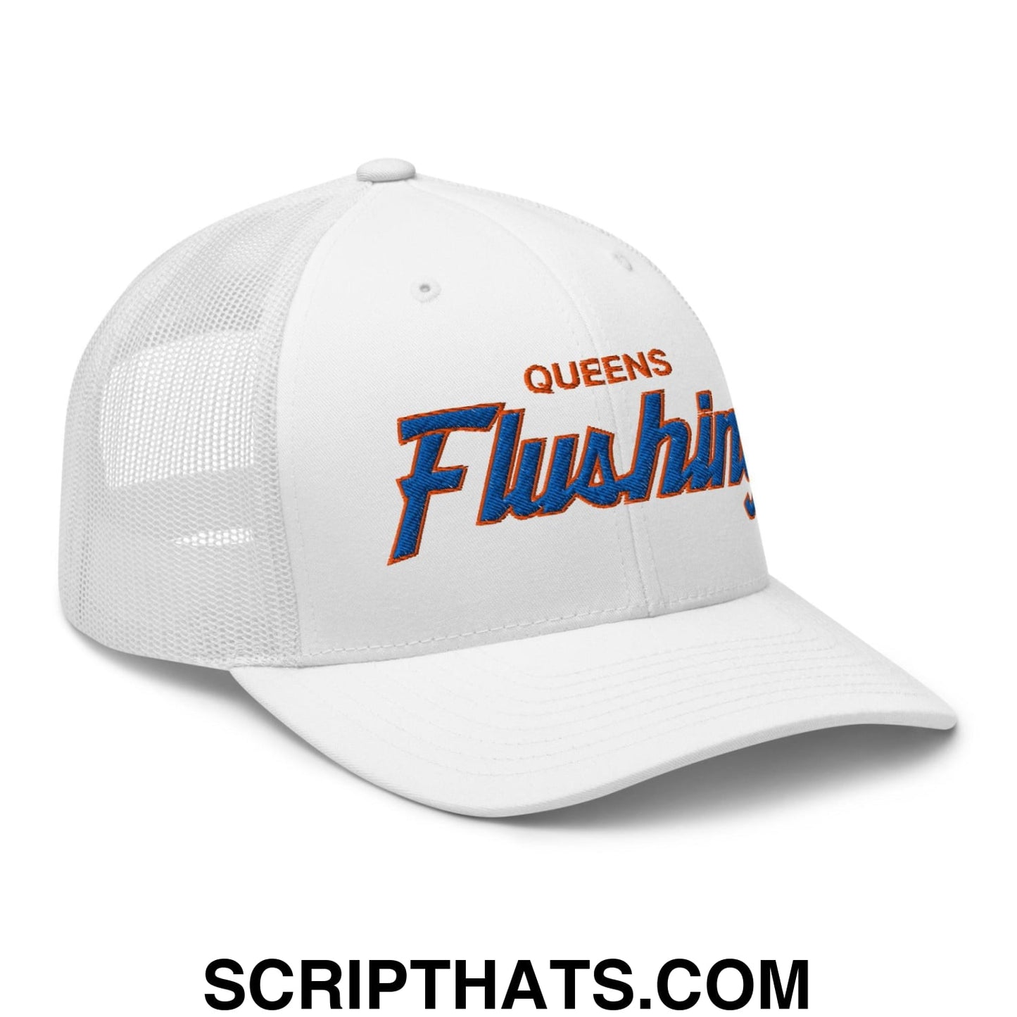 Queens Flushing NYC Vintage Sports Script Embroidered Mesh Trucker Hat Default Title