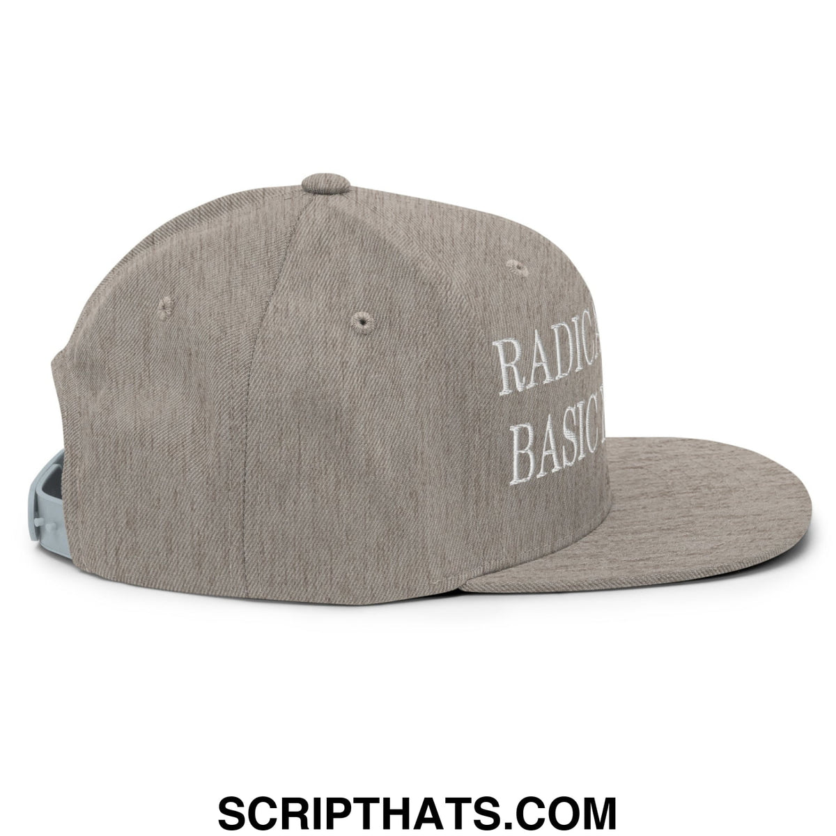 Gray heathered snapback cap with white embroidered radical basic text on the side from Radicalized by Basic Decency