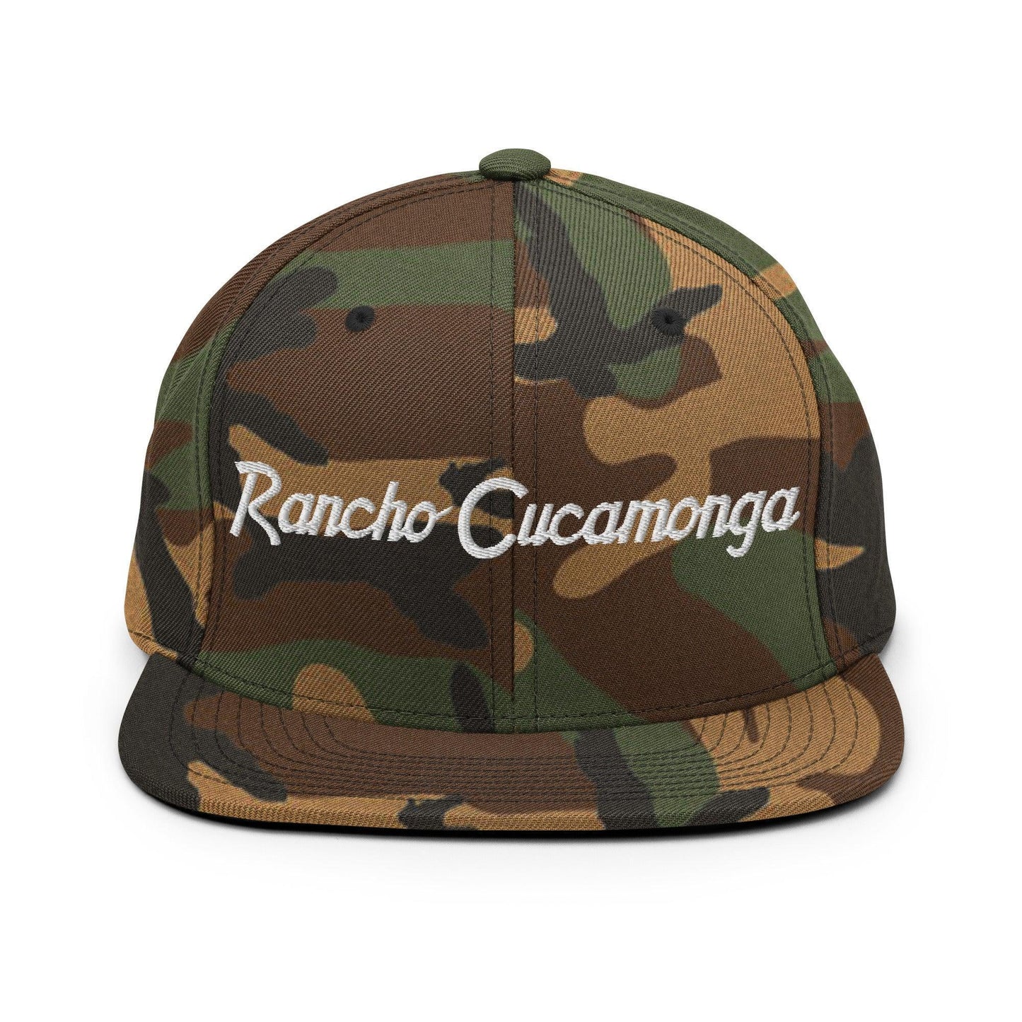 Rancho Cucamonga Script Snapback Hat Green Camo