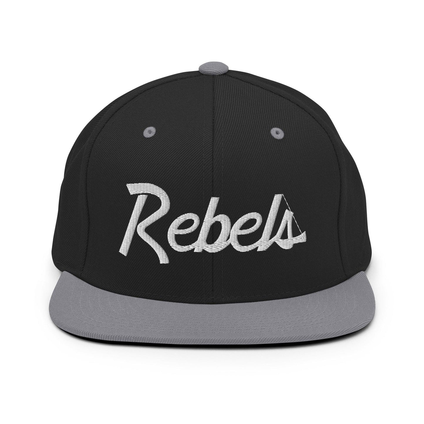 Rebels School Mascot Script Snapback Hat Black/ Silver