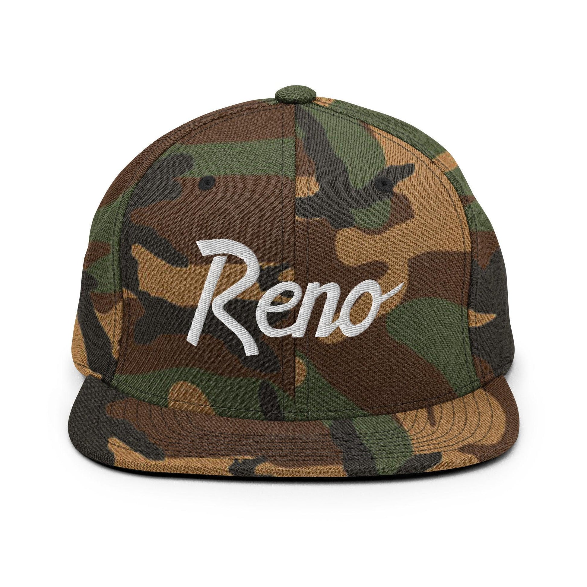 Reno Script Snapback Hat Green Camo