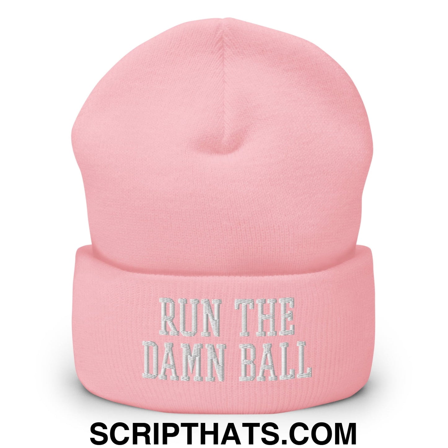 Run The Damn Ball Embroidered Cuffed Knit Beanie Baby Pink